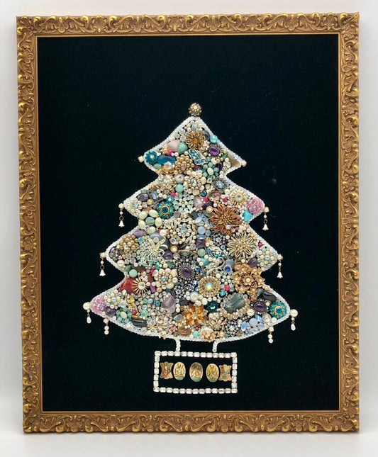 Vintage Framed Jewelry Art Christmas Tree on Velvet 18x22 /b