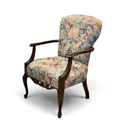Floral Upholstered Chair with Carved Mahogany Frame