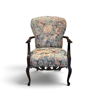 Floral Upholstered Chair with Carved Mahogany Frame