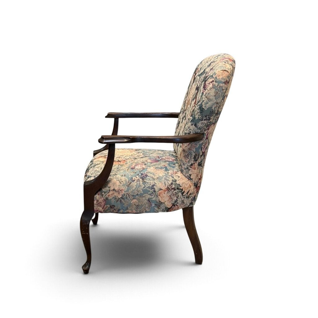 Floral Upholstered Chair with Carved Mahogany Frame