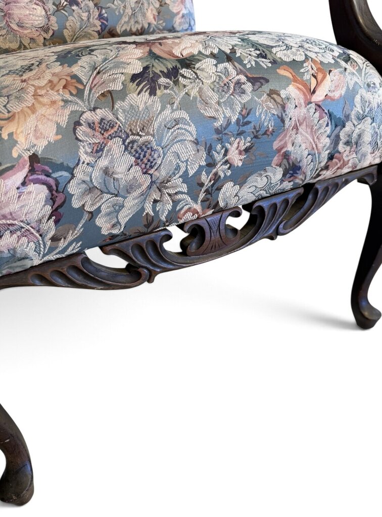 Floral Upholstered Chair with Carved Mahogany Frame