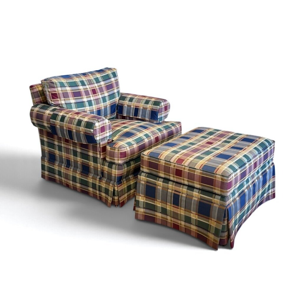 Henredon Multi-colored Plaid Upholstered Chair & Ottoman