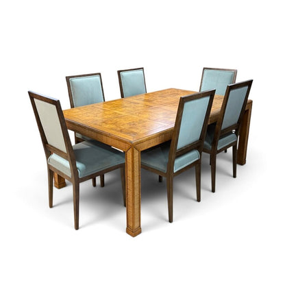 Checkered Burl Wood Dining Table with 6 Chairs and 2 Leaves