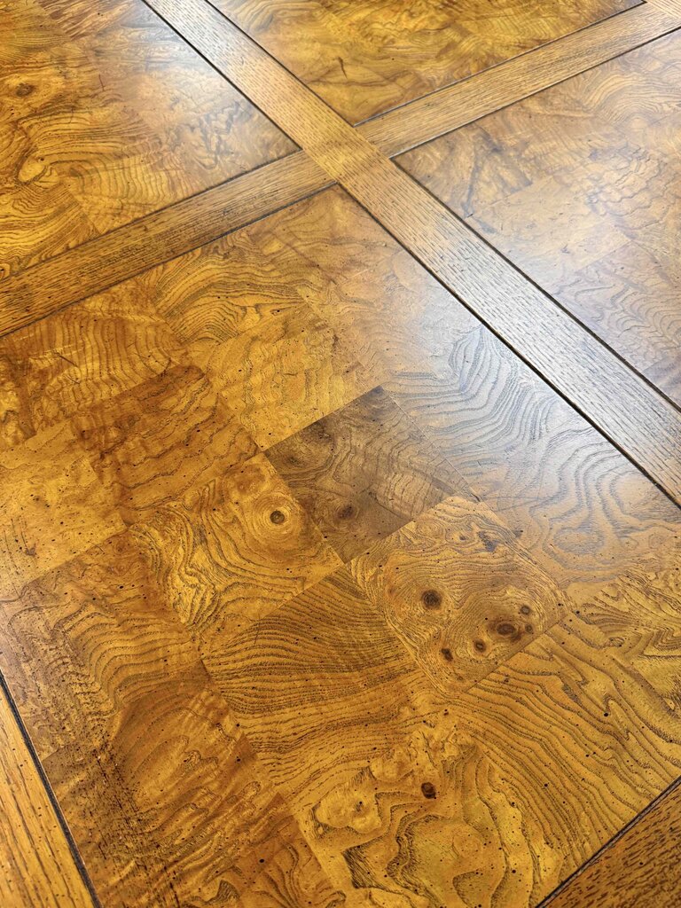 Checkered Burl Wood Dining Table with 6 Chairs and 2 Leaves