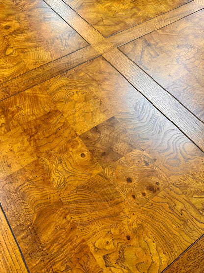 Checkered Burl Wood Dining Table with 6 Chairs and 2 Leaves