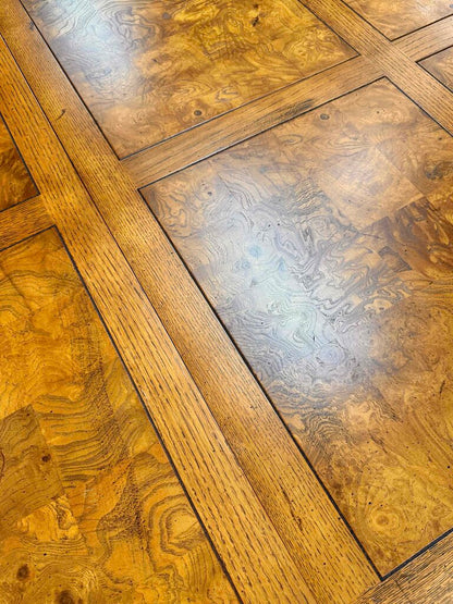 Checkered Burl Wood Dining Table with 6 Chairs and 2 Leaves