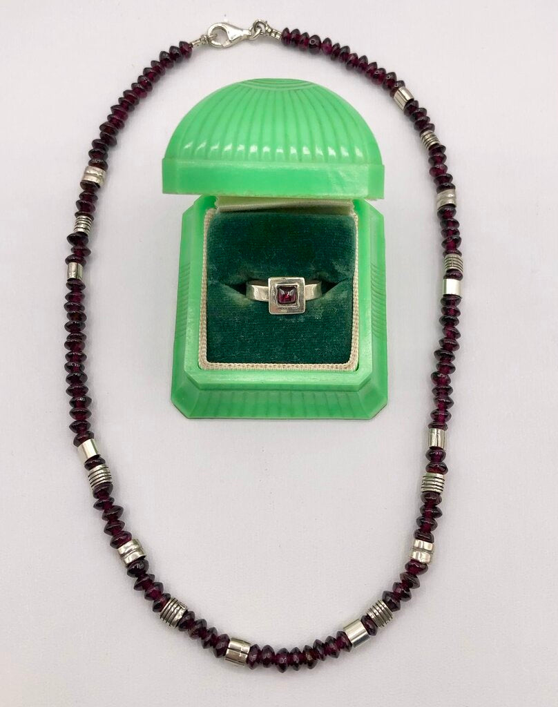 Vtg Silpada Sterling Silver & Garnet Rondelle Beaded Necklace & Rin /b