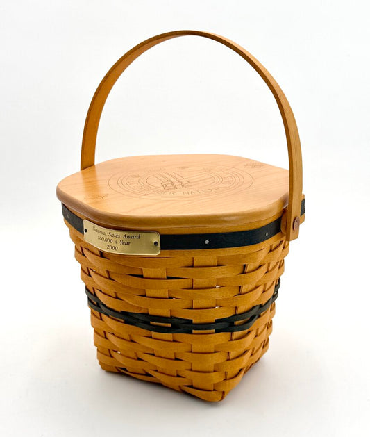 Longaberger 2000 Sales Award Handwoven Woven Wood Basket w/ Lid & Handle