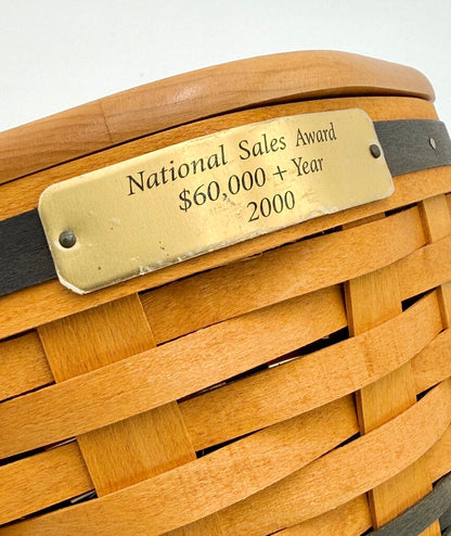 Longaberger 2000 Sales Award Handwoven Woven Wood Basket w/ Lid & Handle