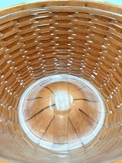 Longaberger 1992 Round Woven Maple Basket w/ Leather Handles & Clear Plastic Liner