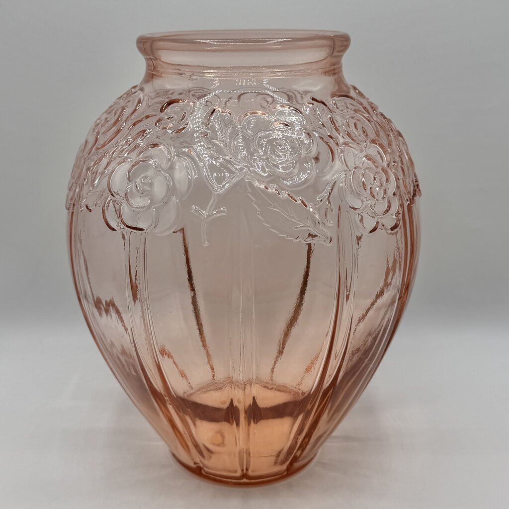 Vintage Pink Pressed Glass Embossed Roses 12” Vase Made In Italy /cb