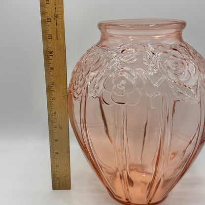 Vintage Pink Pressed Glass Embossed Roses 12” Vase Made In Italy /cb