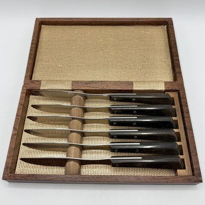 Vintage West Bend 6 Piece Steak Knife Set Stainless Steel Wood Handles MCM in Box /cb