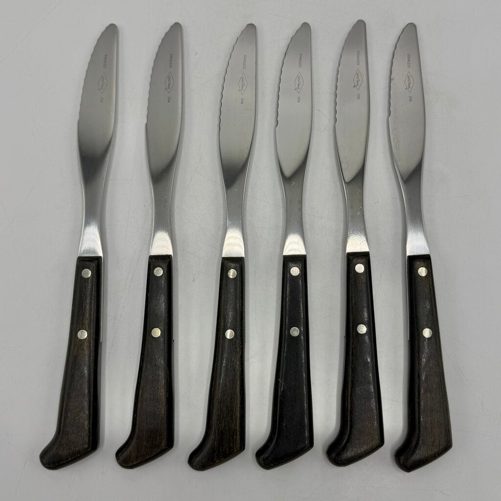 Vintage West Bend 6 Piece Steak Knife Set Stainless Steel Wood Handles MCM in Box /cb