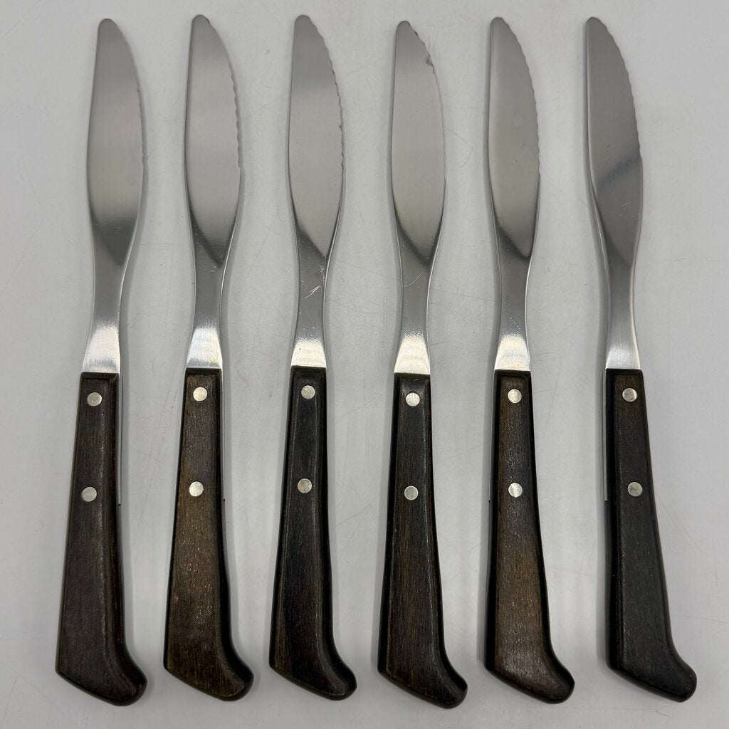 Vintage West Bend 6 Piece Steak Knife Set Stainless Steel Wood Handles MCM in Box /cb