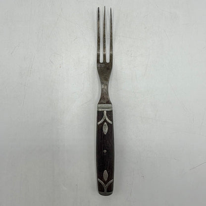 Antique Primitive 3 Tine Fork Wood Handle Pewter Inlay 7 3/4” 19th Century /cb