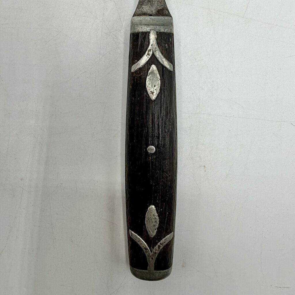 Antique Primitive 3 Tine Fork Wood Handle Pewter Inlay 7 3/4” 19th Century /cb