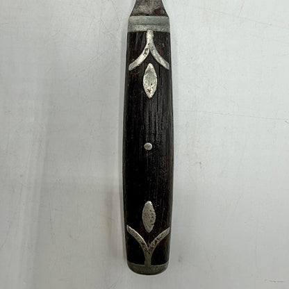 Antique Primitive 3 Tine Fork Wood Handle Pewter Inlay 7 3/4” 19th Century /cb