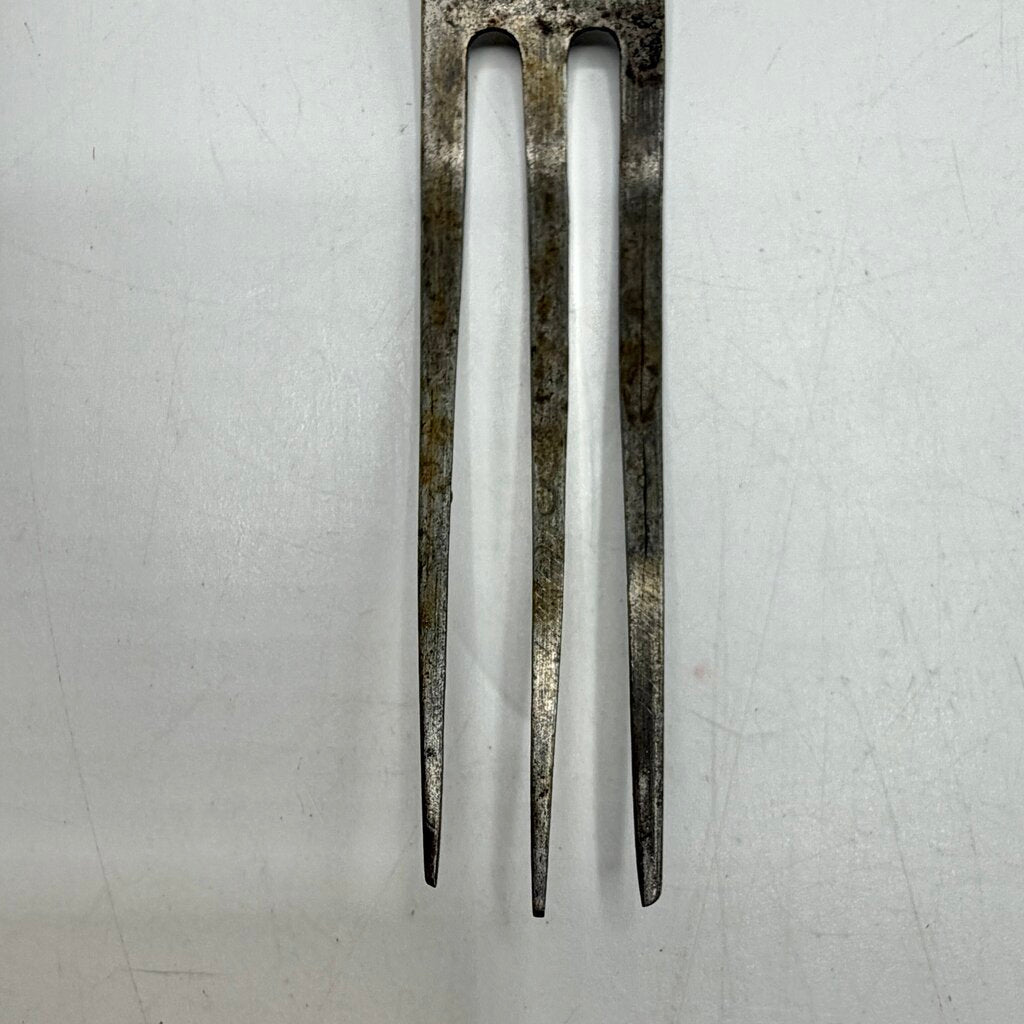 Antique Primitive 3 Tine Fork Wood Handle Pewter Inlay 7 3/4” 19th Century /cb