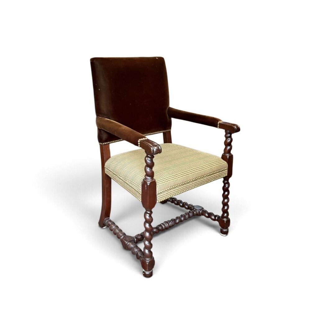 Carved Wood Armchair with Velvet and Plaid Upholstery