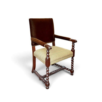 Carved Wood Armchair with Velvet and Plaid Upholstery