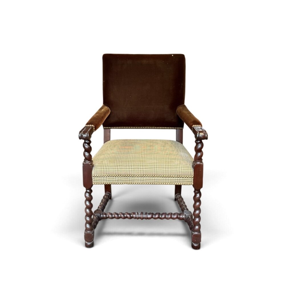 Carved Wood Armchair with Velvet and Plaid Upholstery