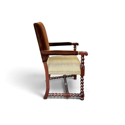 Carved Wood Armchair with Velvet and Plaid Upholstery