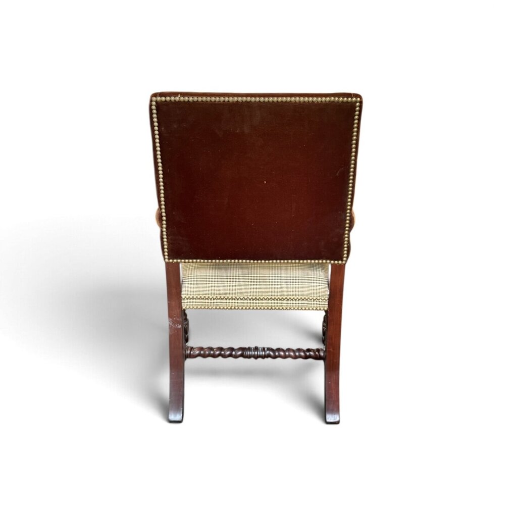 Carved Wood Armchair with Velvet and Plaid Upholstery