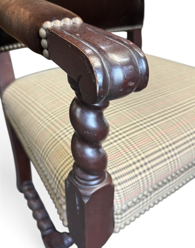 Carved Wood Armchair with Velvet and Plaid Upholstery