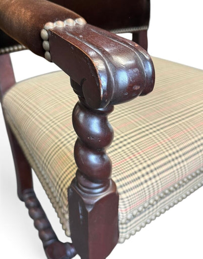 Carved Wood Armchair with Velvet and Plaid Upholstery