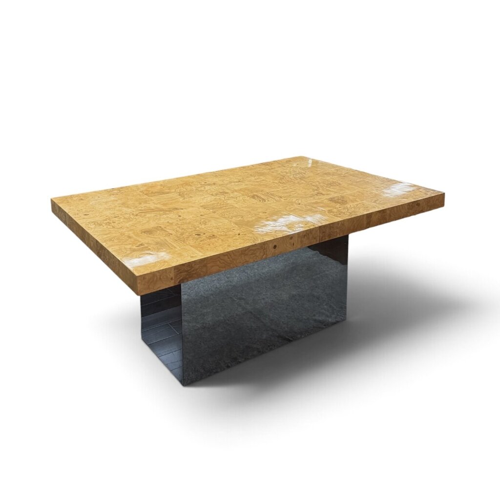 Modernist Checkered Burl Dining Table with 6 Chairs and 2 Leaves