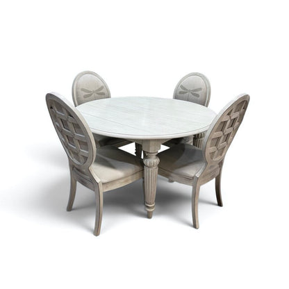 Dragonfly Upholstered Whitewashed Round Dinning Table with 6 Chairs and 2 Leaves