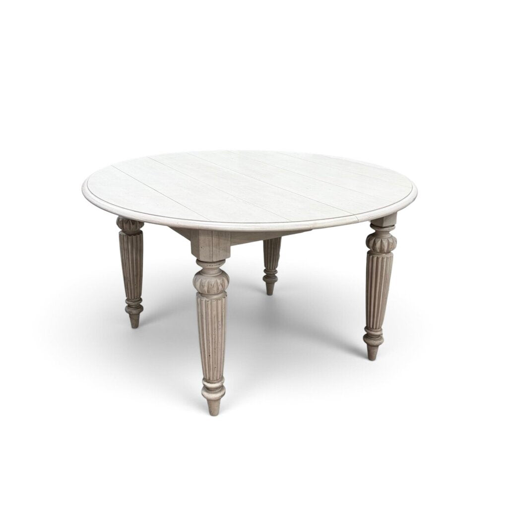 Dragonfly Upholstered Whitewashed Round Dinning Table with 6 Chairs and 2 Leaves
