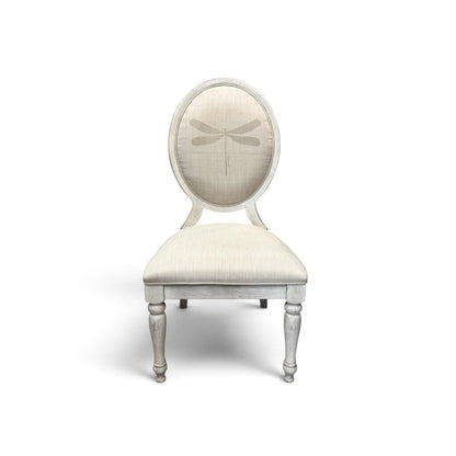 Dragonfly Upholstered Whitewashed Round Dinning Table with 6 Chairs and 2 Leaves