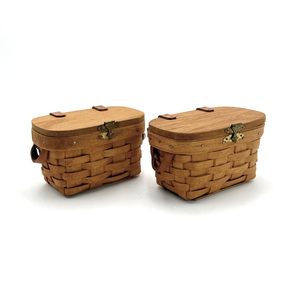 Set of 2 Longaberger Handwoven Lidded Basket w/ Leather Handles