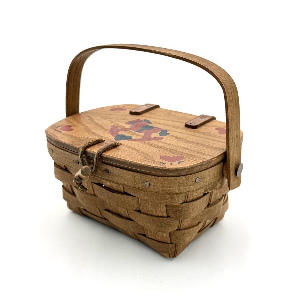 Longaberger 1985 Woven Wood Picnic Basket with Painted Rocking Horse Lid