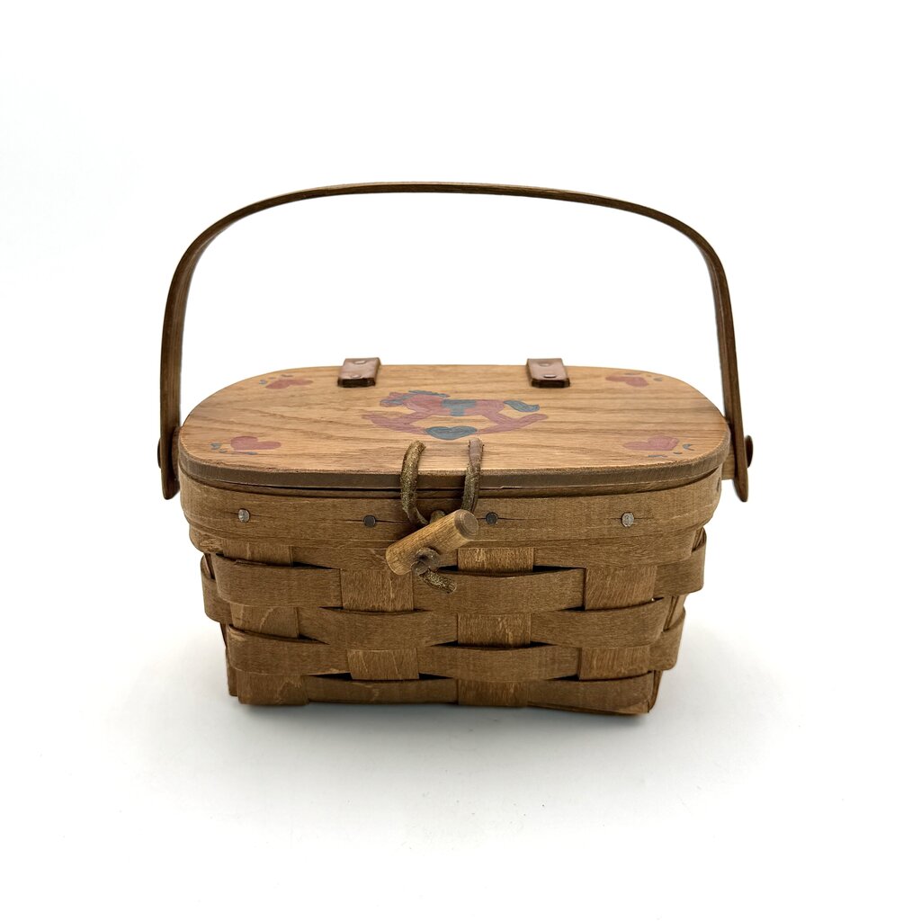 Longaberger 1985 Woven Wood Picnic Basket with Painted Rocking Horse Lid