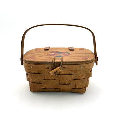 Longaberger 1985 Woven Wood Picnic Basket with Painted Rocking Horse Lid