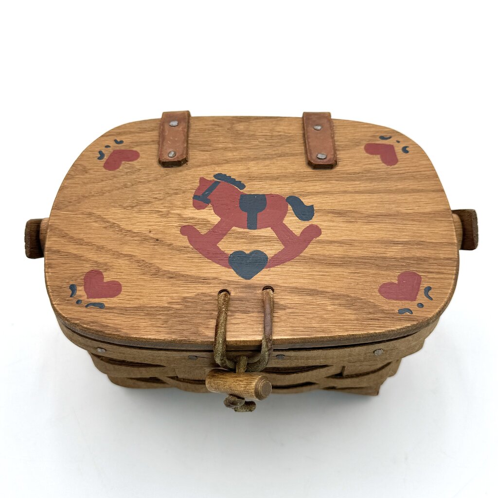 Longaberger 1985 Woven Wood Picnic Basket with Painted Rocking Horse Lid