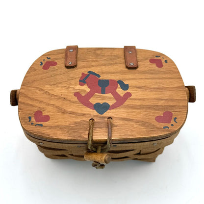 Longaberger 1985 Woven Wood Picnic Basket with Painted Rocking Horse Lid