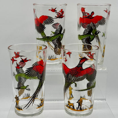 Set of 4 MCM Hazel Atlas Pheasant Hunting Vintage Bar Drinking Glasses /hy
