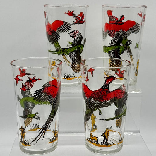 Set of 4 MCM Hazel Atlas Pheasant Hunting Vintage Bar Drinking Glasses /hy
