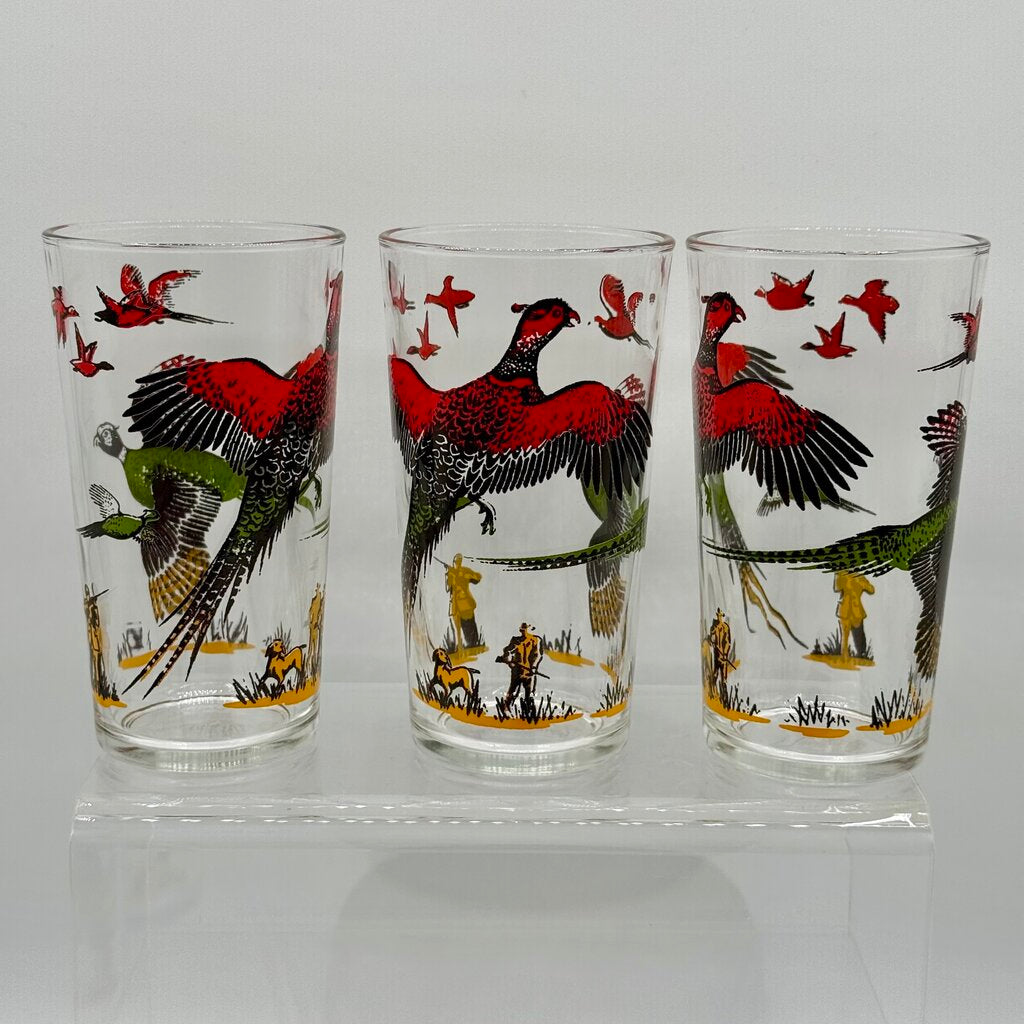 Set of 4 MCM Hazel Atlas Pheasant Hunting Vintage Bar Drinking Glasses /hy