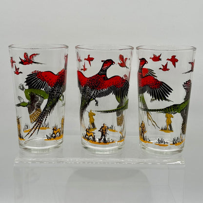 Set of 4 MCM Hazel Atlas Pheasant Hunting Vintage Bar Drinking Glasses /hy