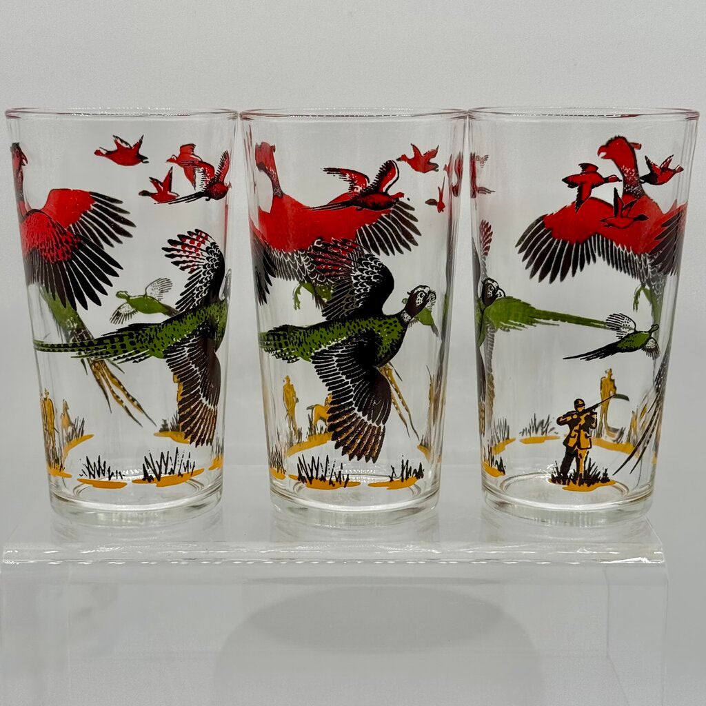 Set of 4 MCM Hazel Atlas Pheasant Hunting Vintage Bar Drinking Glasses /hy