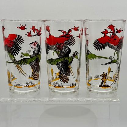 Set of 4 MCM Hazel Atlas Pheasant Hunting Vintage Bar Drinking Glasses /hy
