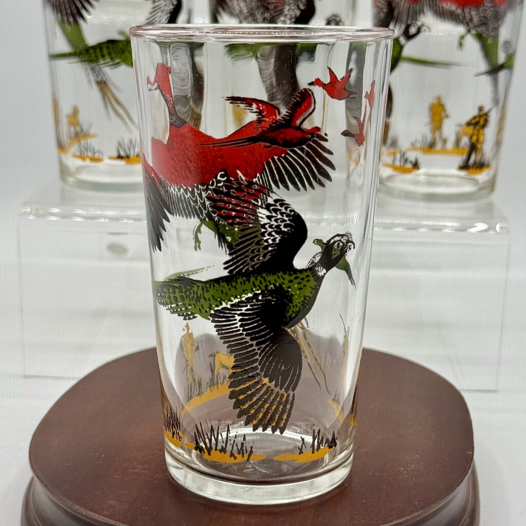 Set of 4 MCM Hazel Atlas Pheasant Hunting Vintage Bar Drinking Glasses /hy