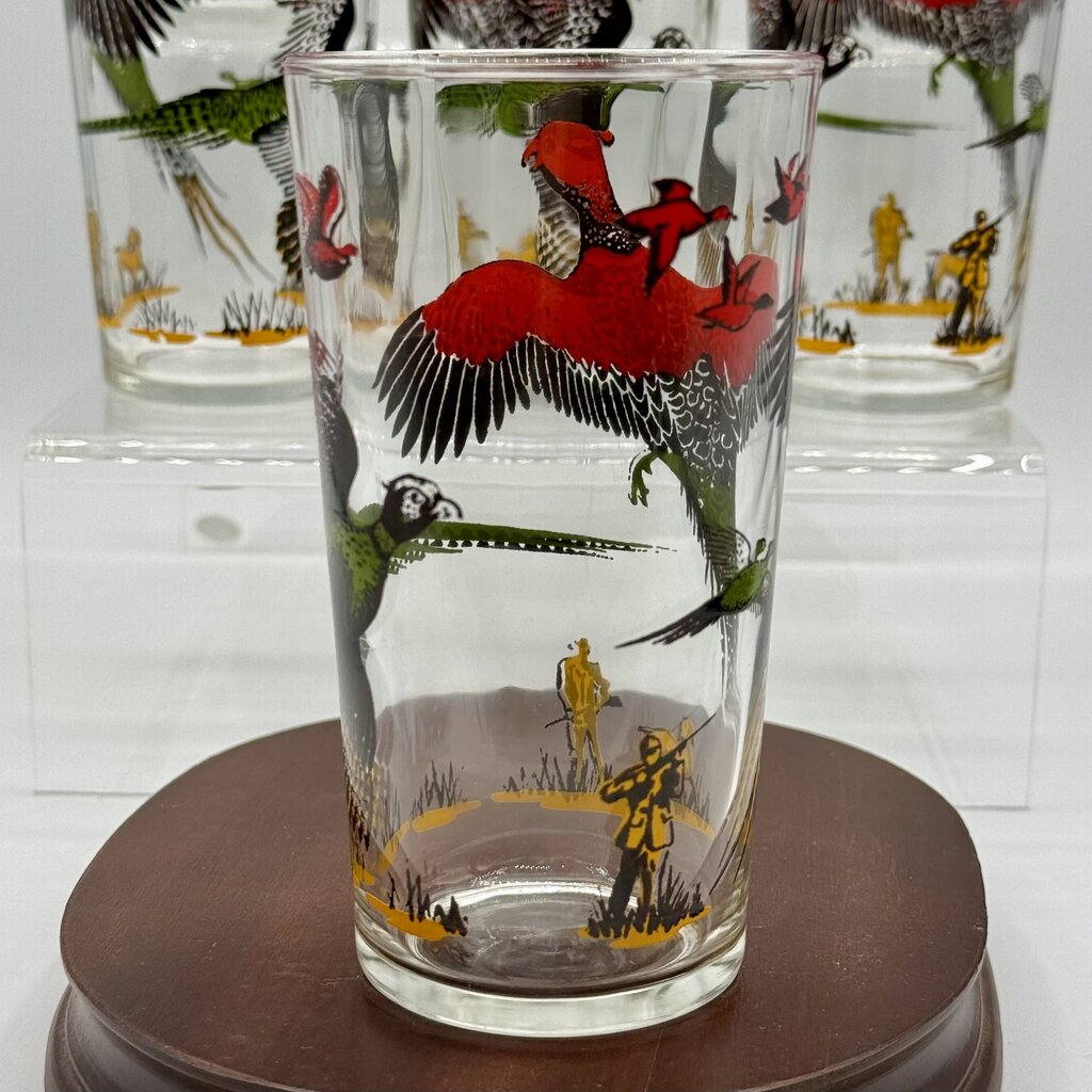 Set of 4 MCM Hazel Atlas Pheasant Hunting Vintage Bar Drinking Glasses /hy