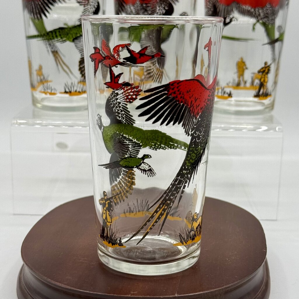 Set of 4 MCM Hazel Atlas Pheasant Hunting Vintage Bar Drinking Glasses /hy