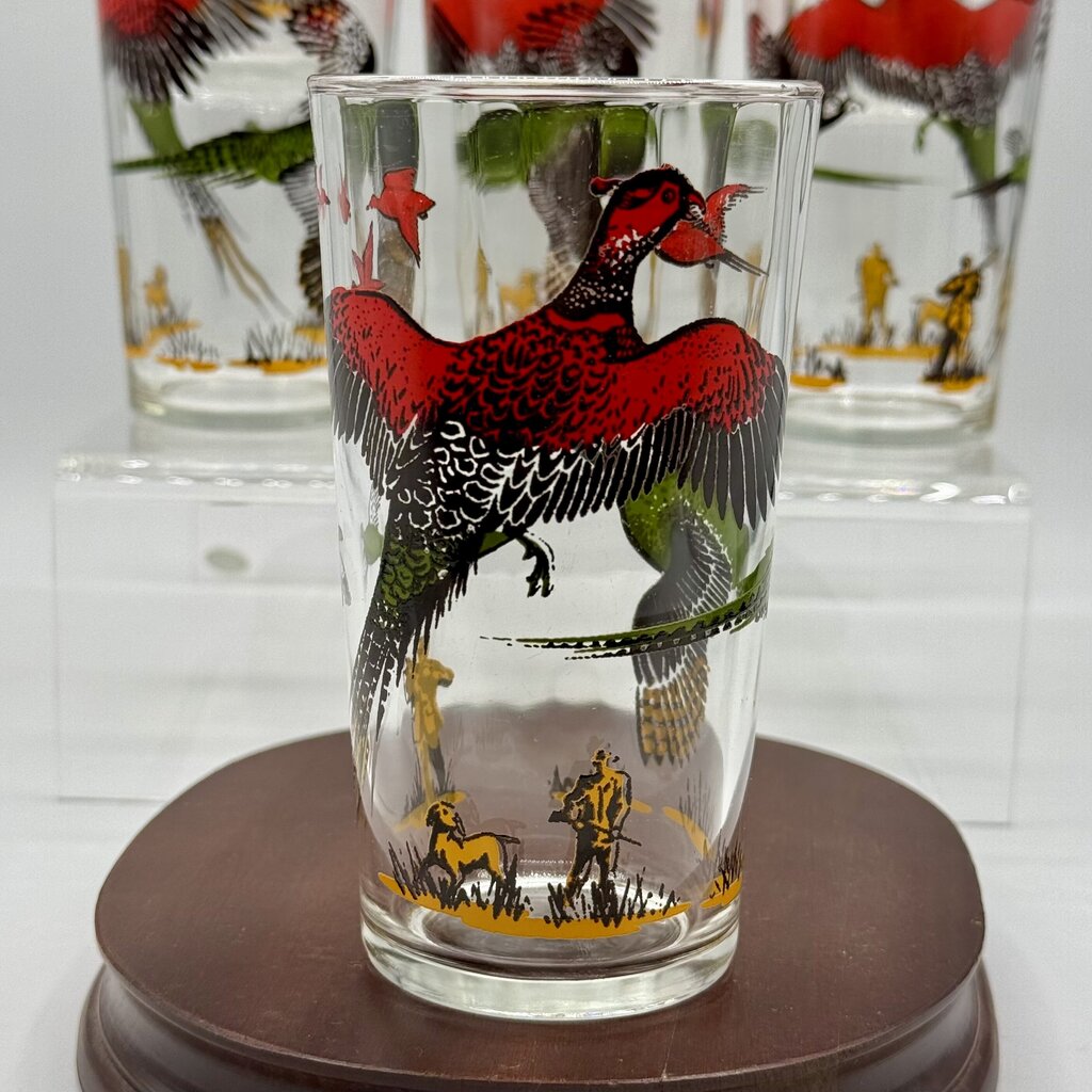 Set of 4 MCM Hazel Atlas Pheasant Hunting Vintage Bar Drinking Glasses /hy